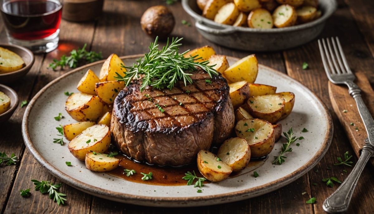 découvrez une recette simple et savoureuse de filet mignon rôti au four, accompagné de pommes de terre dorées, parfaite pour un repas gourmand et convivial.