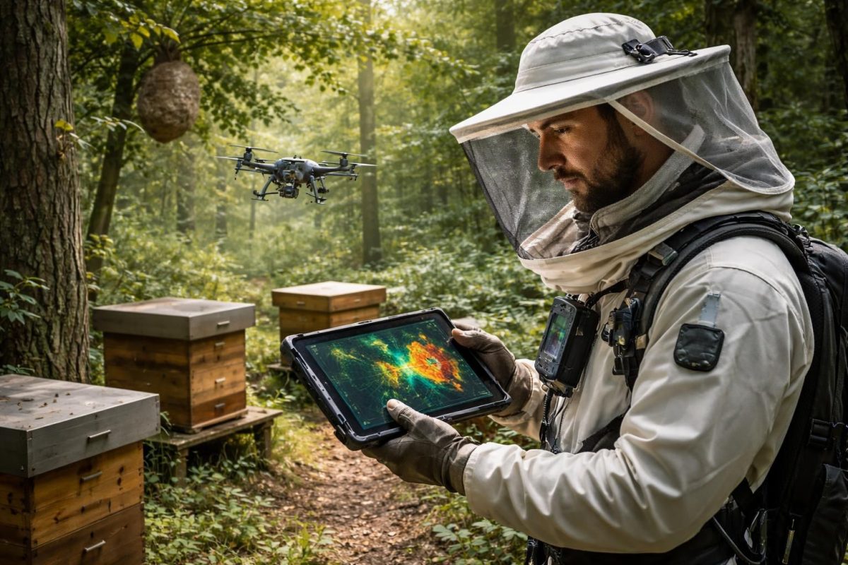 un apiculteur d'alsace utilise des technologies avancées pour localiser rapidement et efficacement les nids de frelons asiatiques, protégeant ainsi les abeilles et l'environnement.