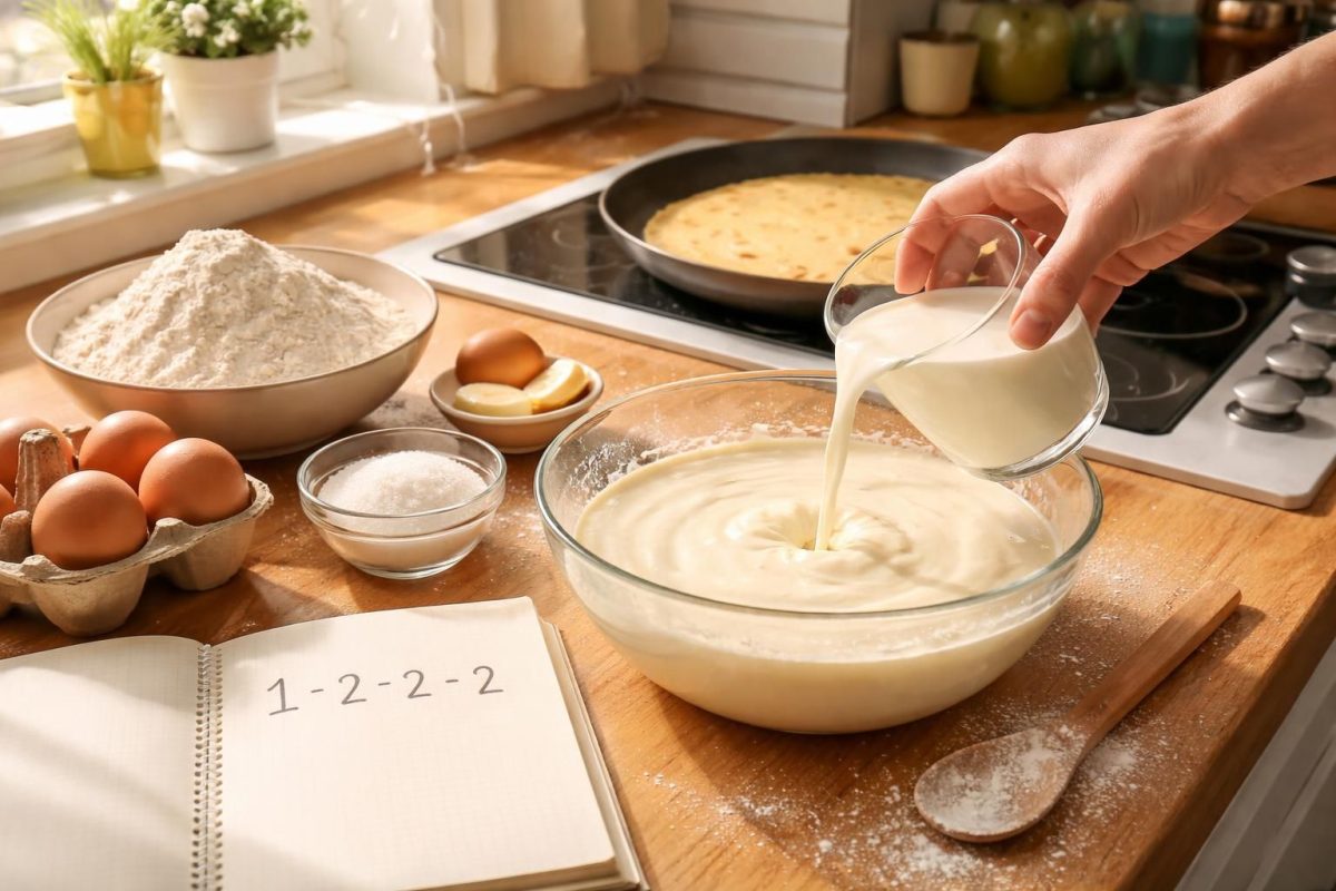découvrez comment réaliser des crêpes parfaites à chaque fois grâce à l'astuce du verre et la règle magique 1-2-2-2 pour une pâte réussie et délicieuse.
